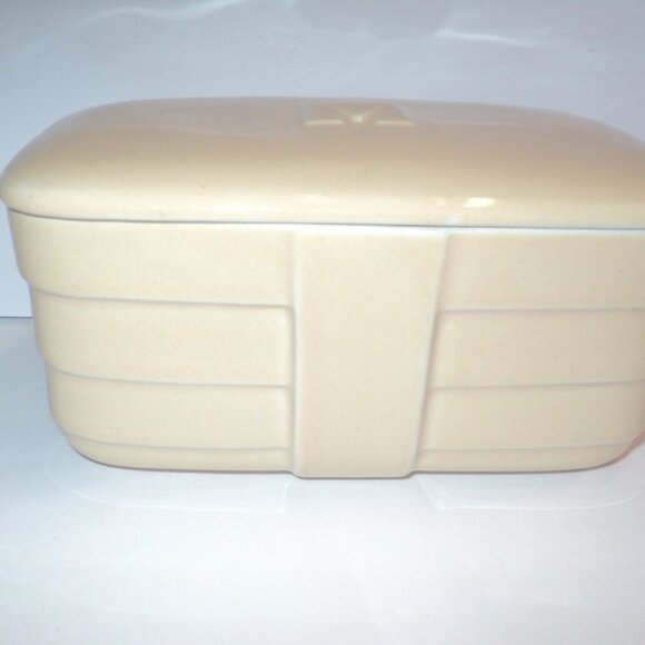 Hall China Co. for Hotpoint Refrigerators Vtg 1940 Loaf Dish w/ Lid Ceramic Gold - Picture 3 of 10